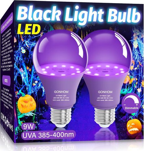 Gonhom 2 Pack A19 LED مصابيح إضاءة سوداء، لمبة إضاءة سوداء 9 وات قابلة للتعتيم (ما يعادل 100 وات)، قاعدة E26 110 فولت، مستوى UVA 385-400 نانومتر، تتوهج في الظلام لحفلة الأضواء السوداء، طلاء الجسم، توهج النيون، ملصقات فنية in Kuwait