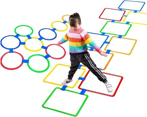 Hopscotch Squares and Hopscotch Ring Games 11in/ 15in with 30 Connectors for Kids Balance Agility Training Obstacle Course, Indoor Outdoor Backyard Activity, Birthday Fun Play for Boys Girls in Kuwait