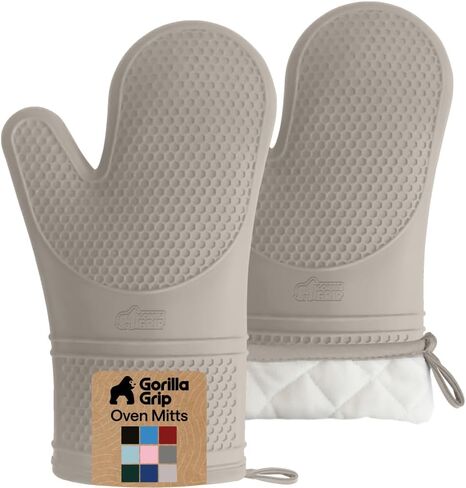 Gorilla Grip Heat and Slip Resistant Silicone Oven Mitts Set, Soft Cotton Lining, Waterproof, BPA-Free, Long Flexible Thick Gloves for Cooking, Kitchen Mitt Potholders, 12.5 in, Almond in Kuwait
