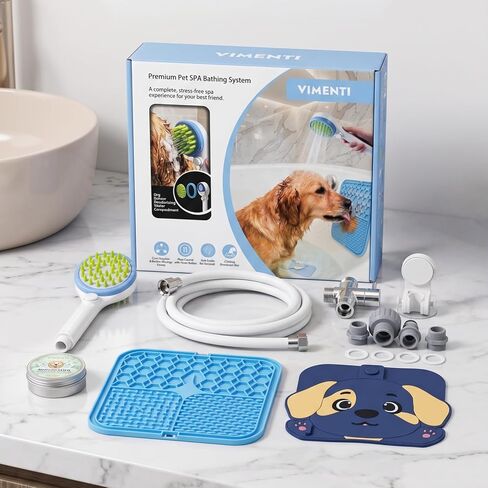 Dog Shower Sprayer Kit with Deodorizing Shower Steamers, Universal Pet Bathing Tool for Indoor & Outdoor Use with Silicone Massage Brush, 8.2ft Extra-Long Hose, Brass Diverter & Lick Mat in Saudi Arabia