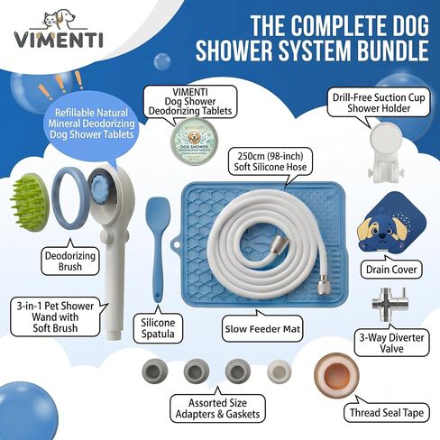 Dog Shower Sprayer Kit with Deodorizing Shower Steamers, Universal Pet Bathing Tool for Indoor & Outdoor Use with Silicone Massage Brush, 8.2ft Extra-Long Hose, Brass Diverter & Lick Mat in Saudi Arabia