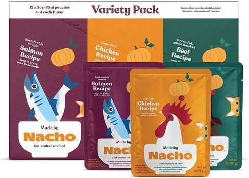 Made by Nacho Wet Cat Food, Cuts in Gravy, Sustainably-Caught Salmon with Bone Broth for Extra Hydration, (12) 3 oz. Pouches, Limited Ingredients in Saudi Arabia