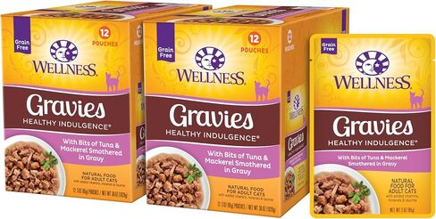 Wellness Healthy Indulgence Gravies Adult Wet Cat Food, Natural, Protein Rich, Grain Free, Tuna and Mackerel Recipe, 3 oz, Pack of 24 Pouches in Kuwait