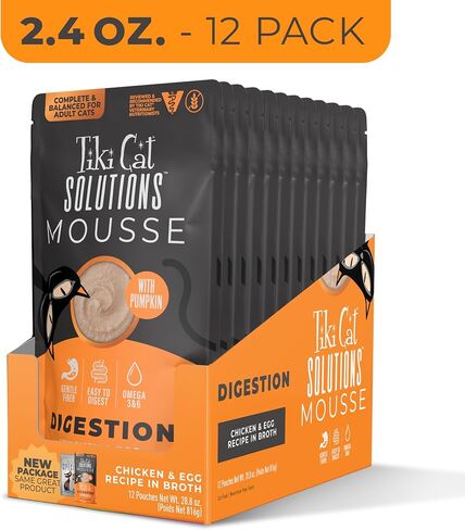 Tiki Cat Solutions Digestion Mousse, Chicken & Egg Recipe in Broth, Formulated to Support Healthy Digestion, Functional Wet Cat Food, 2.4 oz. Pouch (12 Count) in Saudi Arabia