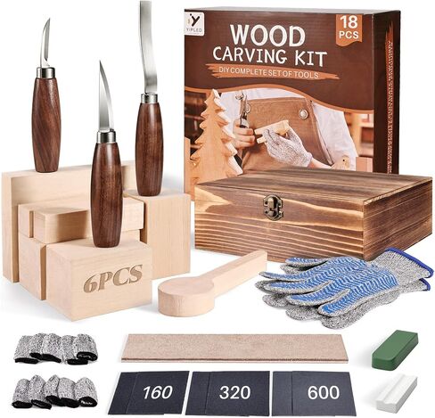 YIPLED Beginners Wood Carving Kit, Whittling Tools, Basswood & Gloves in Kuwait