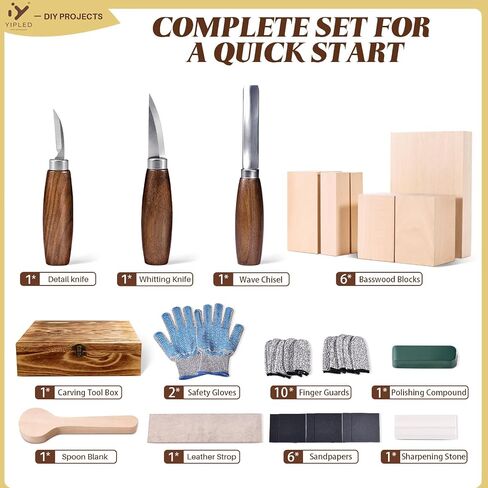 YIPLED Beginners Wood Carving Kit, Whittling Tools, Basswood & Gloves in Kuwait