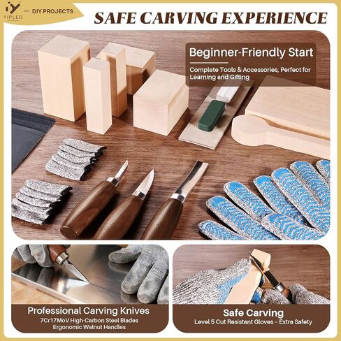 YIPLED Beginners Wood Carving Kit, Whittling Tools, Basswood & Gloves in Kuwait