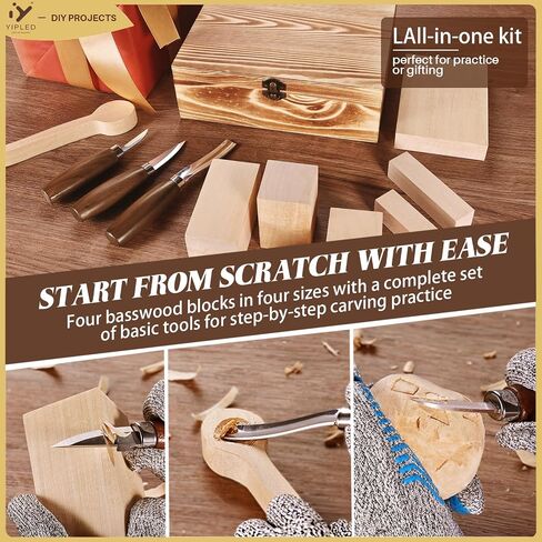 YIPLED Beginners Wood Carving Kit, Whittling Tools, Basswood & Gloves in Kuwait