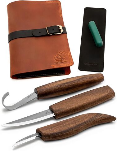 BeaverCraft Spoon Wood Carving Kit - Spoon Carving Tools Set with Hook Knife, Sloyd, Chip, Small Detail Whittling Knives S13X - Deluxe Whittling Knife Set with & Leather Strop and Leather Case in Kuwait