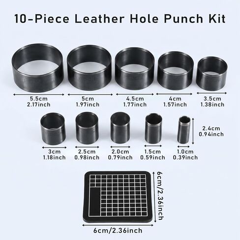 10 Pcs Leather Circle Cutter Tool Set, 15-55 mm Leather Hole Punch Steel Round Punches Cutting Dies Hole Punch Kit High-Carbon Steel Circular Punchs Kit Leathers Holes Punchs Tool for DIY Leathercraft in Kuwait