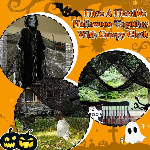 Creepy Cloth Halloween Decorations - 4 PCS 72" x 30" Halloween Creepy Cloth, Black Halloween Gauze Cloth, Scary Black Cheesecloth, Spooky Fabric for Indoor Outdoor Home Decor in Kuwait