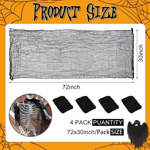 Creepy Cloth Halloween Decorations - 4 PCS 72" x 30" Halloween Creepy Cloth, Black Halloween Gauze Cloth, Scary Black Cheesecloth, Spooky Fabric for Indoor Outdoor Home Decor in Kuwait