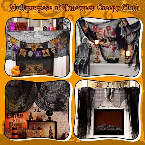 Creepy Cloth Halloween Decorations - 4 PCS 72" x 30" Halloween Creepy Cloth, Black Halloween Gauze Cloth, Scary Black Cheesecloth, Spooky Fabric for Indoor Outdoor Home Decor in Kuwait