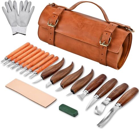 IMYMEE Deluxe Wood Carving Kit - 21Pcs Wood Carving Tools with Leather Storage Bag,Wood Carving Tools Set with 8Pcs Whittling Knives, 8Pcs Detail Carving Knives,Wood Whittling Kit for Beginners in Kuwait