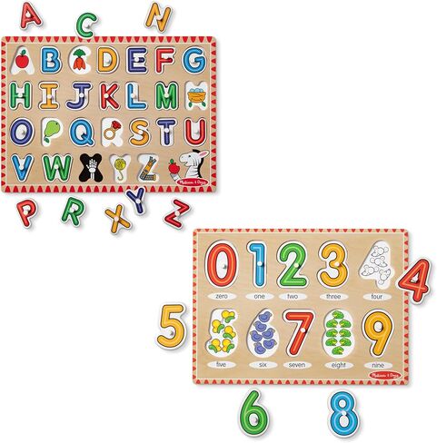 Melissa & Doug Wooden Lift & See Peg Puzzle Early Learning 2-Pack for Girls and Boys – Alphabet, Numbers in Kuwait