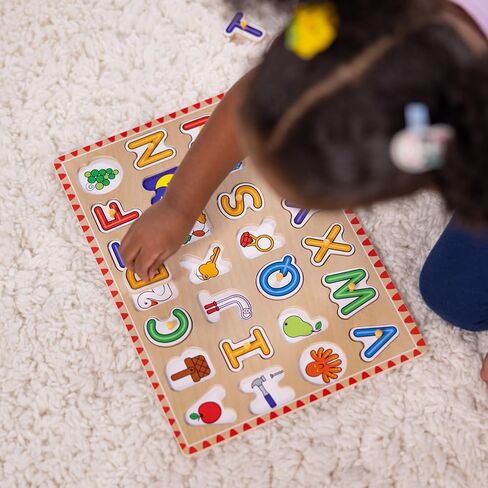 Melissa & Doug Wooden Lift & See Peg Puzzle Early Learning 2-Pack for Girls and Boys – Alphabet, Numbers in Kuwait