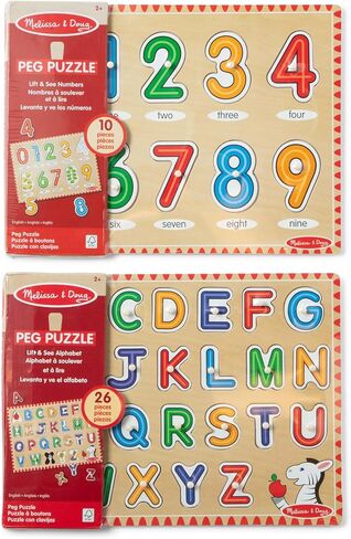 Melissa & Doug Wooden Lift & See Peg Puzzle Early Learning 2-Pack for Girls and Boys – Alphabet, Numbers in Kuwait