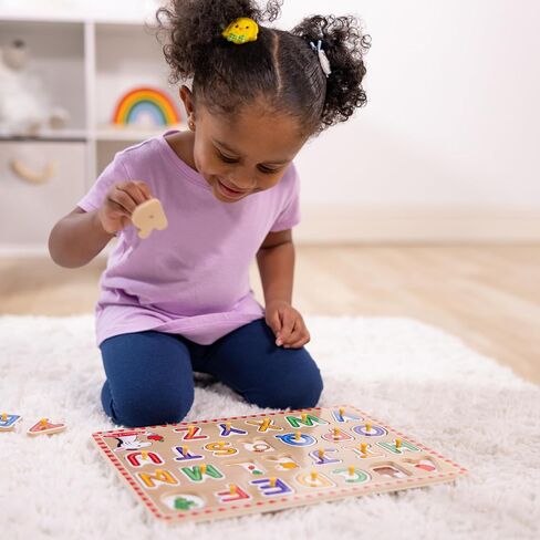 Melissa & Doug Wooden Lift & See Peg Puzzle Early Learning 2-Pack for Girls and Boys – Alphabet, Numbers in Kuwait