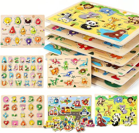 6-Pack Large Wooden Peg Puzzles for Kids and Preschoolers Ages 3+ in Kuwait