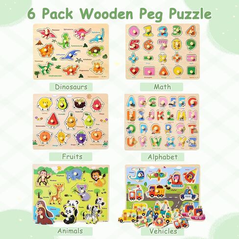 6-Pack Large Wooden Peg Puzzles for Kids and Preschoolers Ages 3+ in Kuwait