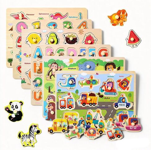 6-Pack Large Wooden Peg Puzzles for Kids and Preschoolers Ages 3+ in Kuwait