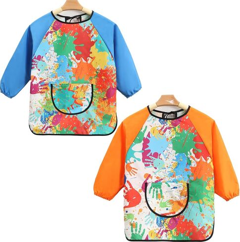 2-Pack Kids Doodle Art Smocks, Waterproof Painting Aprons for Children, Long Sleeves with Large Pockets, Suitable for Ages 3-8 in Kuwait