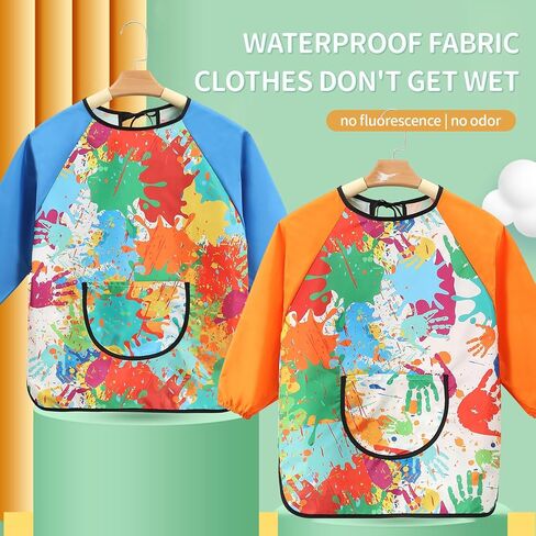 2-Pack Kids Doodle Art Smocks, Waterproof Painting Aprons for Children, Long Sleeves with Large Pockets, Suitable for Ages 3-8 in Kuwait