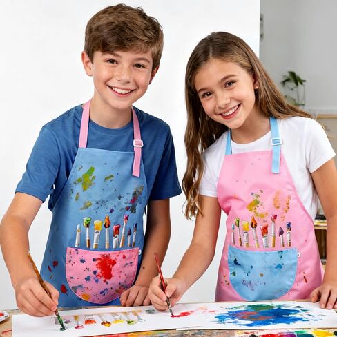 2 Pack Kids Painting Apron Waterproof Children's Aprons Adjustable Girls Boys Bib Apron Kids Art Aprons with Pockets for Painting Cooking Baking Gardening Crafting (Blue & Pink) in Kuwait