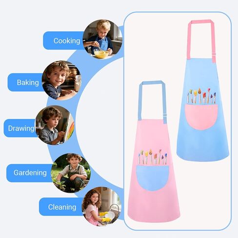 2 Pack Kids Painting Apron Waterproof Children's Aprons Adjustable Girls Boys Bib Apron Kids Art Aprons with Pockets for Painting Cooking Baking Gardening Crafting (Blue & Pink) in Kuwait