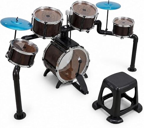Kids Drum Set for Toddlers 3+, 5 Piece Wooden Texture Jazz Drum Kit with Stool & 2 Cymbals, Adjustable Stands Musical Instruments Toys Educational Birthday Gifts for Boys Girls Aged 3 4 5 6 in Kuwait