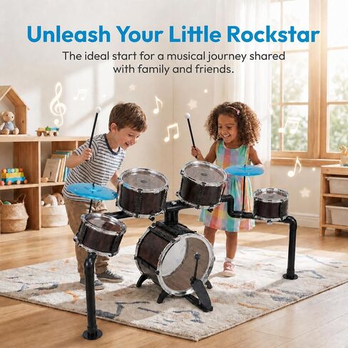 Kids Drum Set for Toddlers 3+, 5 Piece Wooden Texture Jazz Drum Kit with Stool & 2 Cymbals, Adjustable Stands Musical Instruments Toys Educational Birthday Gifts for Boys Girls Aged 3 4 5 6 in Kuwait