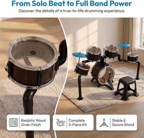 Kids Drum Set for Toddlers 3+, 5 Piece Wooden Texture Jazz Drum Kit with Stool & 2 Cymbals, Adjustable Stands Musical Instruments Toys Educational Birthday Gifts for Boys Girls Aged 3 4 5 6 in Kuwait