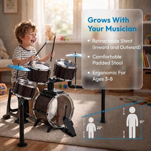Kids Drum Set for Toddlers 3+, 5 Piece Wooden Texture Jazz Drum Kit with Stool & 2 Cymbals, Adjustable Stands Musical Instruments Toys Educational Birthday Gifts for Boys Girls Aged 3 4 5 6 in Kuwait