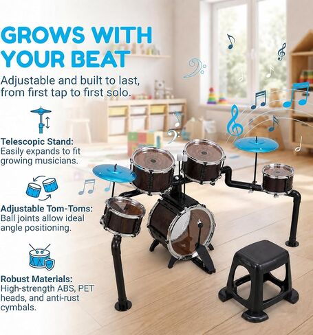 Kids Drum Set for Toddlers 3+, 5 Piece Wooden Texture Jazz Drum Kit with Stool & 2 Cymbals, Adjustable Stands Musical Instruments Toys Educational Birthday Gifts for Boys Girls Aged 3 4 5 6 in Kuwait