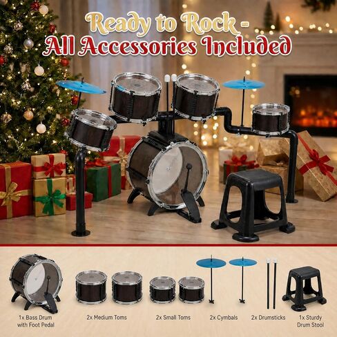 Kids Drum Set for Toddlers 3+, 5 Piece Wooden Texture Jazz Drum Kit with Stool & 2 Cymbals, Adjustable Stands Musical Instruments Toys Educational Birthday Gifts for Boys Girls Aged 3 4 5 6 in Kuwait