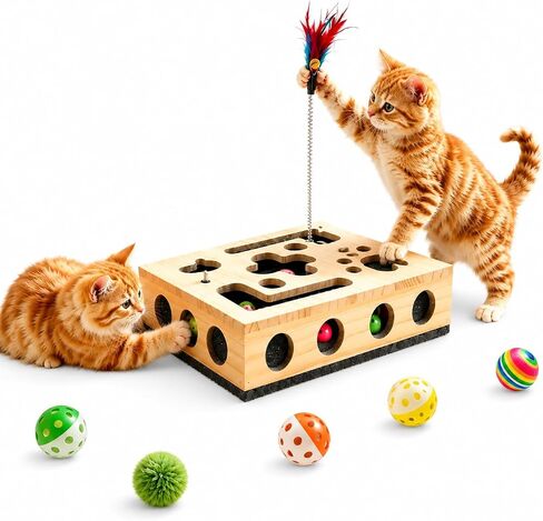 HusmaNova Cat Nail File Box, Wooden Cat Puzzle Scratcher, 3 Balls & Wand in Kuwait