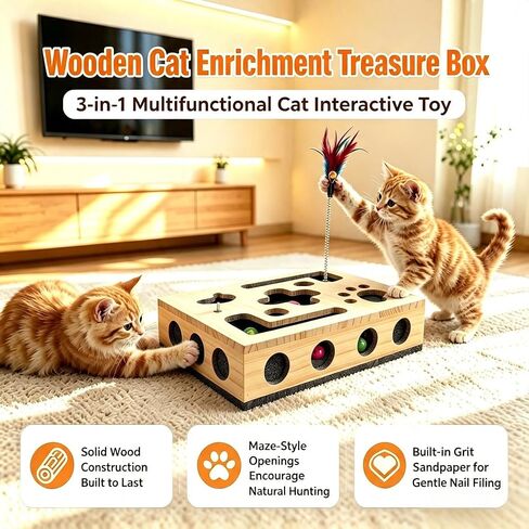 HusmaNova Cat Nail File Box, Wooden Cat Puzzle Scratcher, 3 Balls & Wand in Kuwait