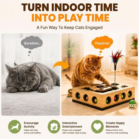 HusmaNova Cat Nail File Box, Wooden Cat Puzzle Scratcher, 3 Balls & Wand in Kuwait