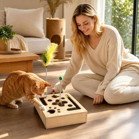 HusmaNova Cat Nail File Box, Wooden Cat Puzzle Scratcher, 3 Balls & Wand in Kuwait