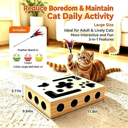 HusmaNova Cat Nail File Box, Wooden Cat Puzzle Scratcher, 3 Balls & Wand in Kuwait