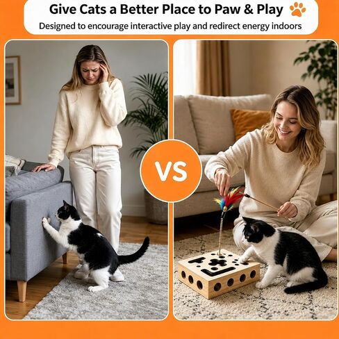 HusmaNova Cat Nail File Box, Wooden Cat Puzzle Scratcher, 3 Balls & Wand in Kuwait