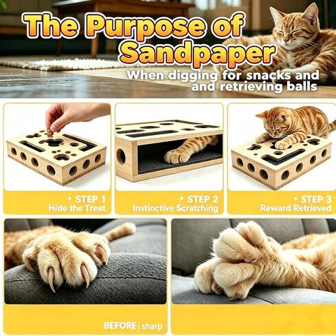 HusmaNova Cat Nail File Box, Wooden Cat Puzzle Scratcher, 3 Balls & Wand in Kuwait