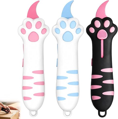 Cat Paw Box Cutter, 3 Pack Pink Black Blue Colors Cat Paw Shaped Box Cutter Retractable, Easy Grip Design for Safe Package Opening Letter Opener, Package Opener for Convenient Home and Office Tool in Kuwait