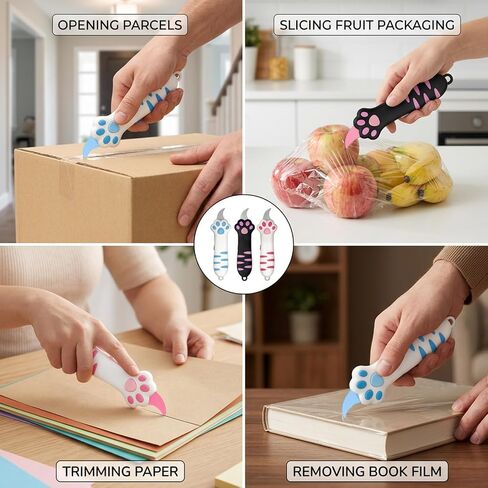 Cat Paw Box Cutter, 3 Pack Pink Black Blue Colors Cat Paw Shaped Box Cutter Retractable, Easy Grip Design for Safe Package Opening Letter Opener, Package Opener for Convenient Home and Office Tool in Kuwait