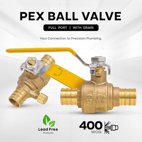 ميدلاين فالف 607Q056 صمام كروي كامل المنفذ PEX بارب اغلاق المياه مع مصرف، 3/4 انش، نحاس in Kuwait