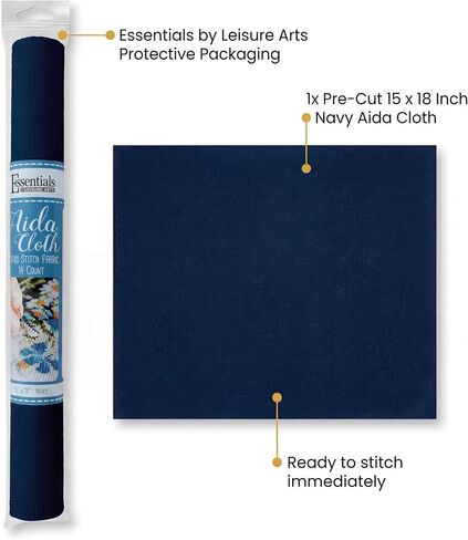 Essentials by Leisure Arts Aida Cloth, 14 Count, Navy, 15 x 18 Inch, Cross Stitch Fabric, Even Weave Cotton, for Embroidery, Needlepoint and Counted Cross Stitch Projects in Kuwait