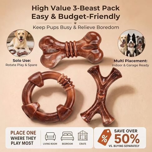 3-Pack Tough Dog Chew Toys for Aggressive Chewers, 25-65 lbs, Brown in Kuwait
