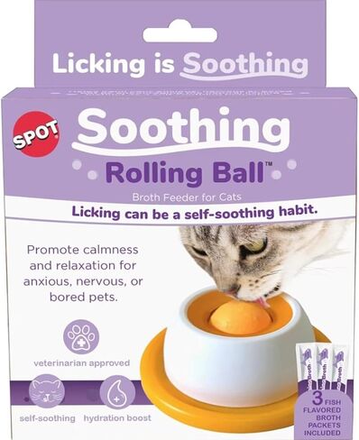 SPOT Soothing Rolling Ball Broth Feeder for Cats – Lickable Self-Soothing Toy for Anxious or Bored Cats, Promotes Calmness & Hydration, Includes Feeder + 3 Broth Tubes in Kuwait