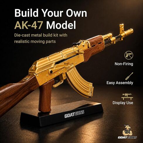 Goat Guns Miniature AK-47 Gold Model | 1:3 Scale Diecast Metal Build Kit | Non-Firing AK-47 Replica with Display Stand for Desk, Man Cave & Gaming | Collectible Military Model Kit for Adults in Kuwait