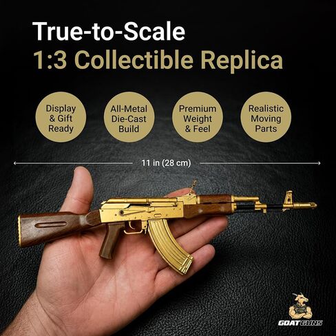 Goat Guns Miniature AK-47 Gold Model | 1:3 Scale Diecast Metal Build Kit | Non-Firing AK-47 Replica with Display Stand for Desk, Man Cave & Gaming | Collectible Military Model Kit for Adults in Kuwait
